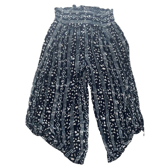 Free People Wide Leg Crop Pant Medium Slit Boho Coastal Beach Elastic Waist Navy - Picture 2 of 8